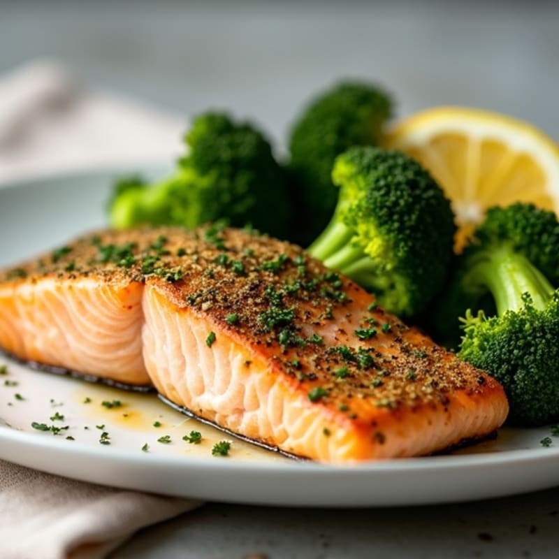 Herb-Crusted Pan Seared Salmon with Roasted Broccoli