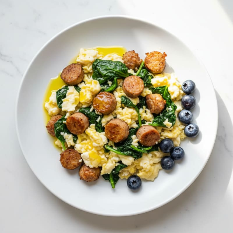 Scrambled Egg Whites with Chicken Sausage and Sautéed Spinach