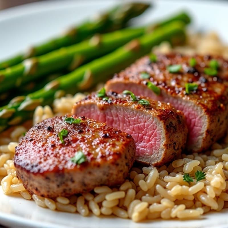 Crispy Garlic Beef with Roasted Asparagus and Brown Rice