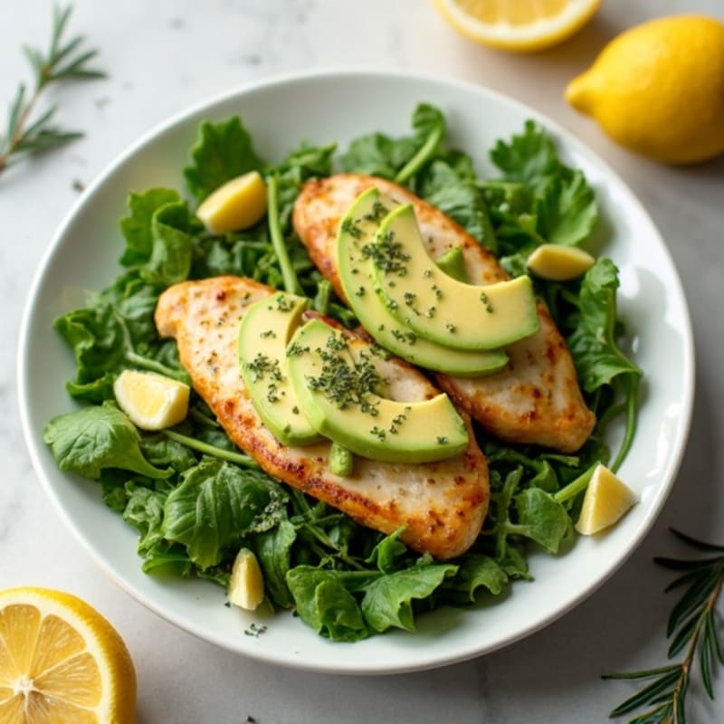 Lemon Herb Roasted Chicken with Fresh Greens and Creamy Avocado Dressing