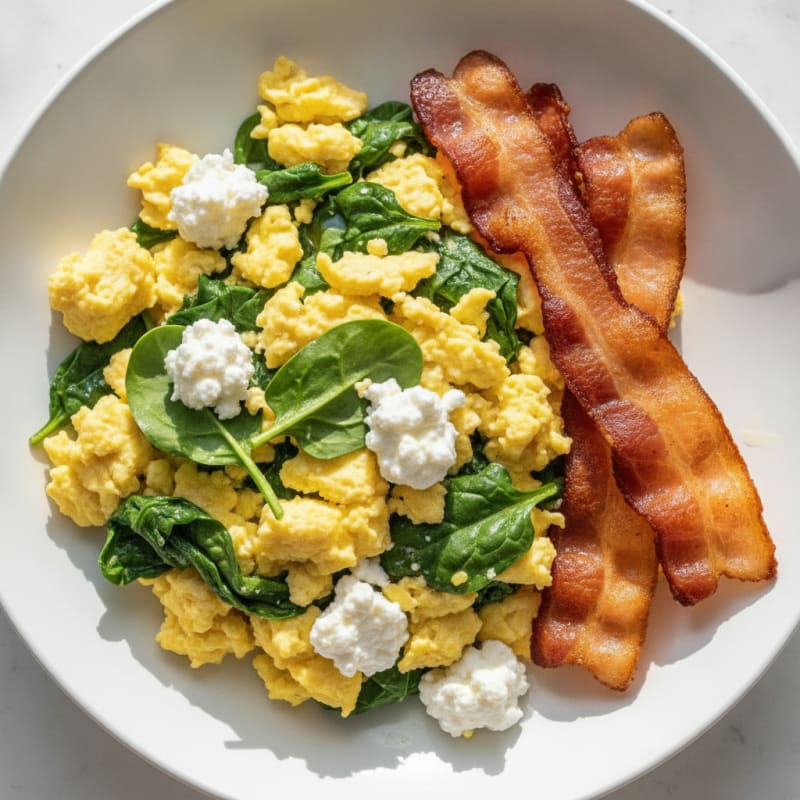 Cottage Cheese Scramble with Spinach and Turkey Bacon