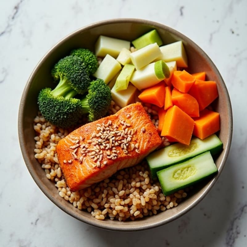 Crispy Sesame Salmon Rice Bowl with Fresh Vegetables