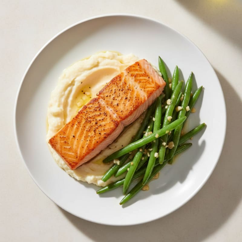 Seared Salmon Fillet with Garlic Green Beans and Cauliflower Mash