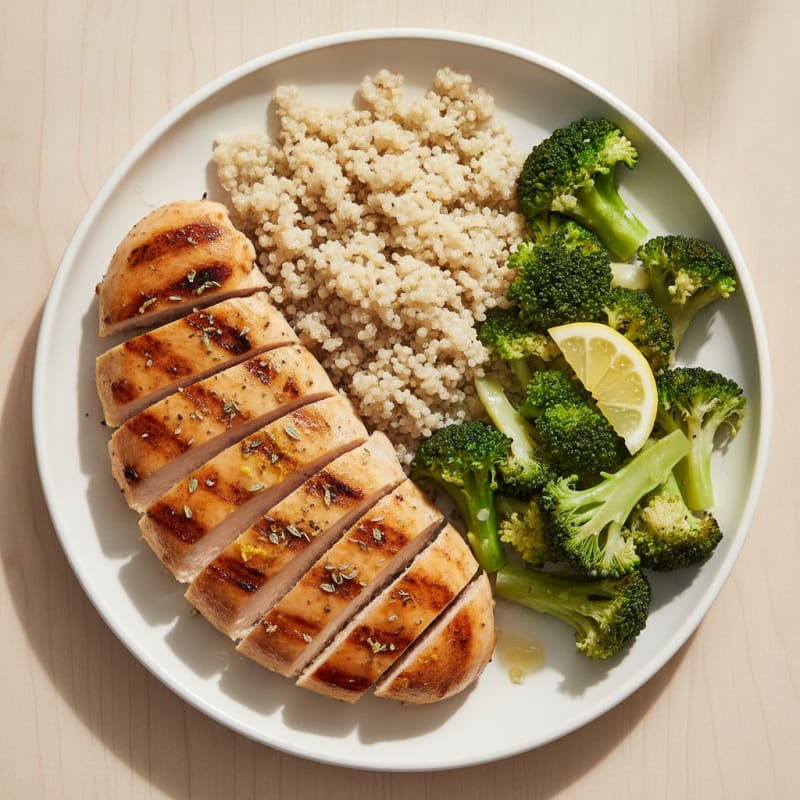Grilled Chicken Breast with Steamed Broccoli and Quinoa