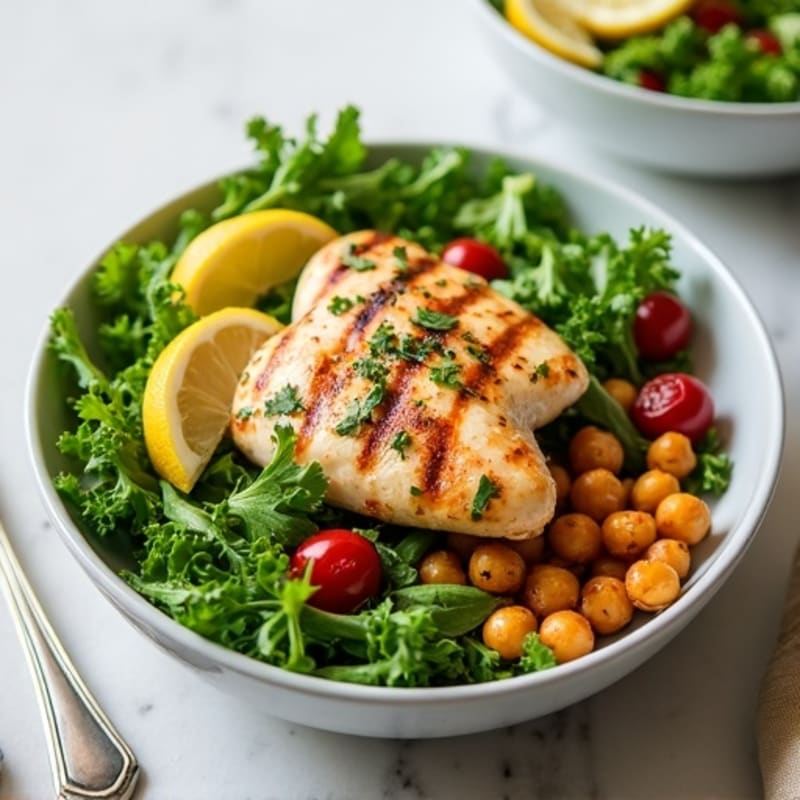 Lemon-Herb Grilled Chicken with Fresh Greens and Roasted Chickpea Bowl
