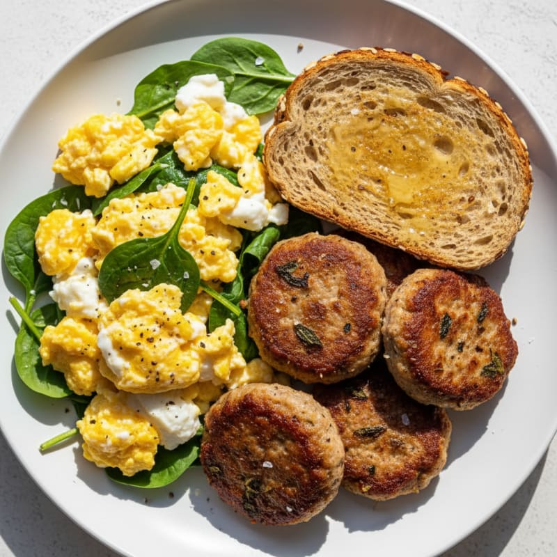 Hearty Scrambled Eggs with Sausage and Toast