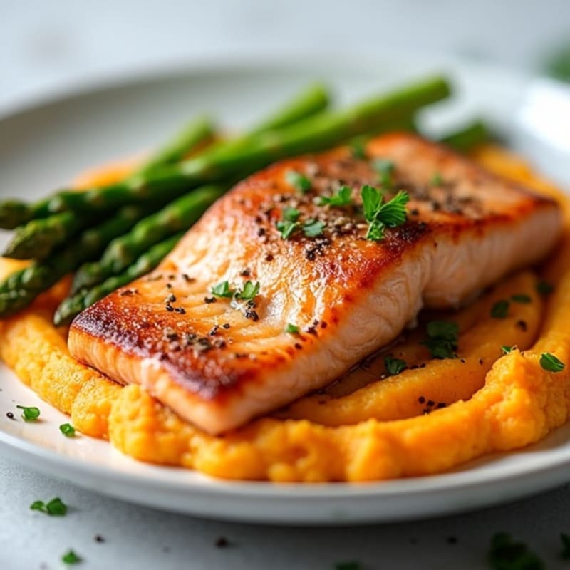 Seared Salmon Fillet with Steamed Asparagus and Sweet Potato Mash