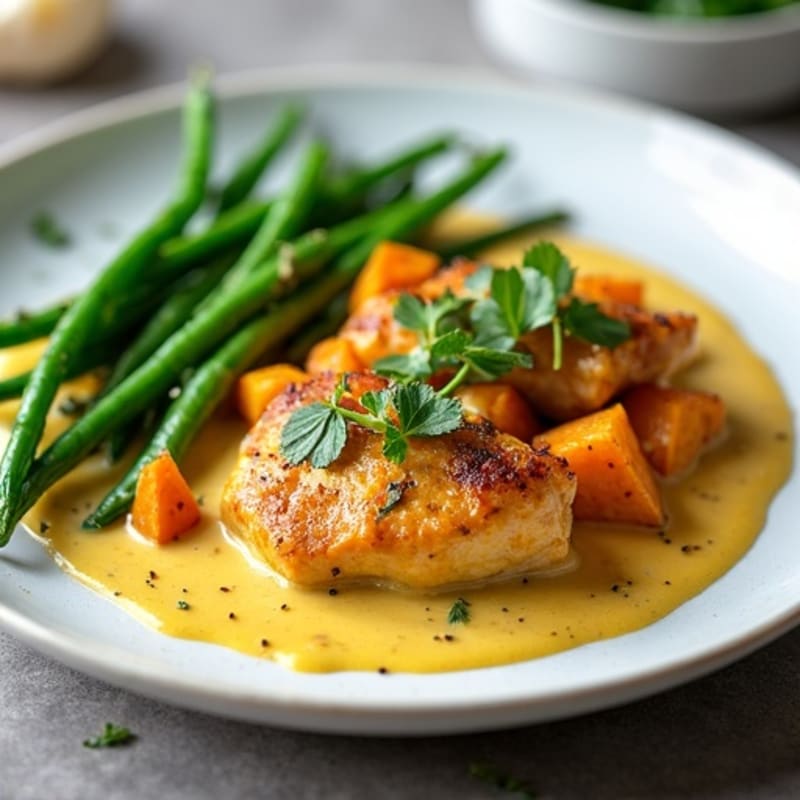 Creamy Thai Green Curry Chicken with Roasted Sweet Potatoes and Crispy Green Beans