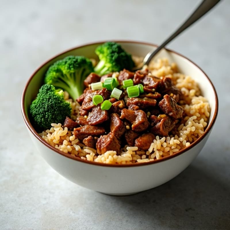 Savory Garlic Ginger Beef and Crisp Broccoli Rice Bowl