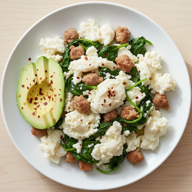 Egg White Scramble with Turkey Sausage and Sautéed Spinach