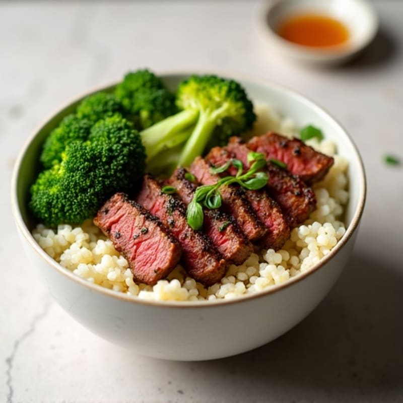 Lean Garlic-Ginger Beef and Crispy Broccoli Rice Bowl
