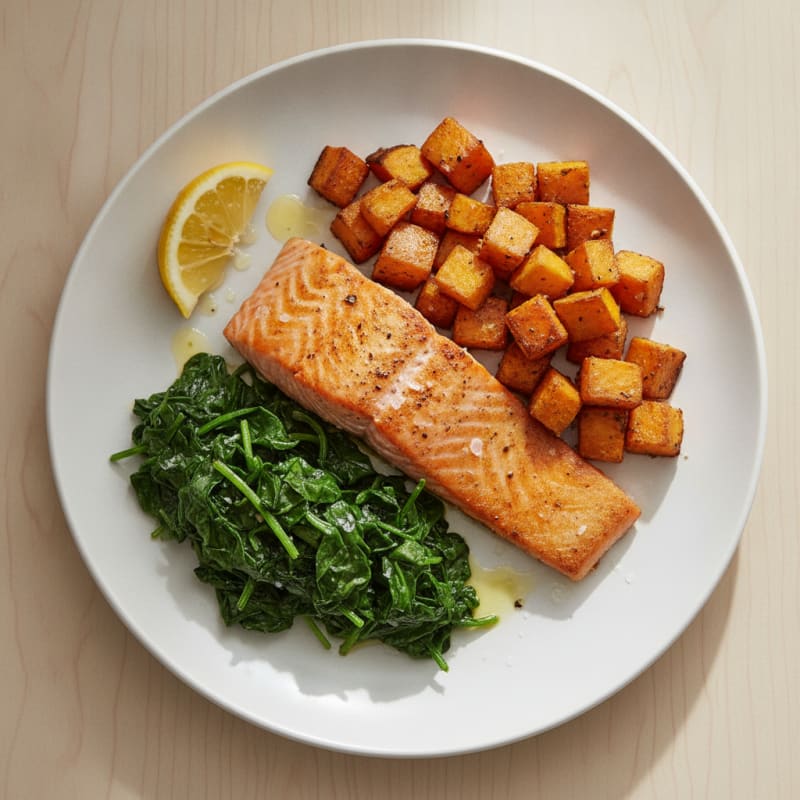 Pan-Seared Salmon with Roasted Sweet Potatoes and Sautéed Spinach