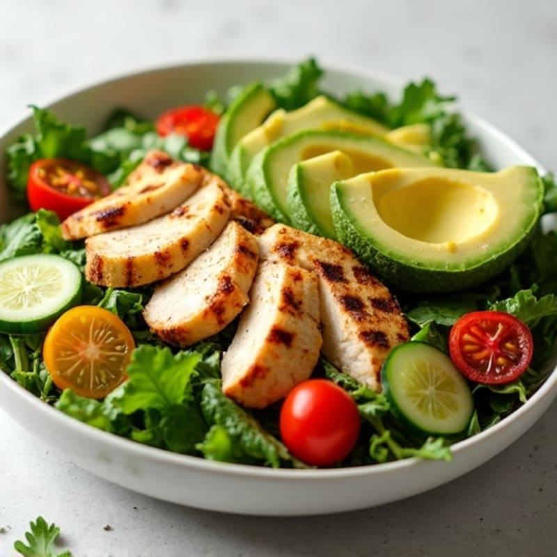 Crisp Mixed Greens with Creamy Avocado, Crunchy Veggies, and Lemon-Herb Vinaigrette with Grilled Chicken