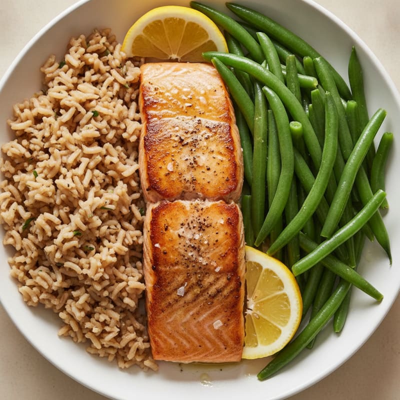 Seared Salmon with Steamed Green Beans and Brown Rice