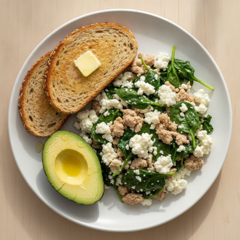 Egg White and Turkey Spinach Scramble with Cottage Cheese