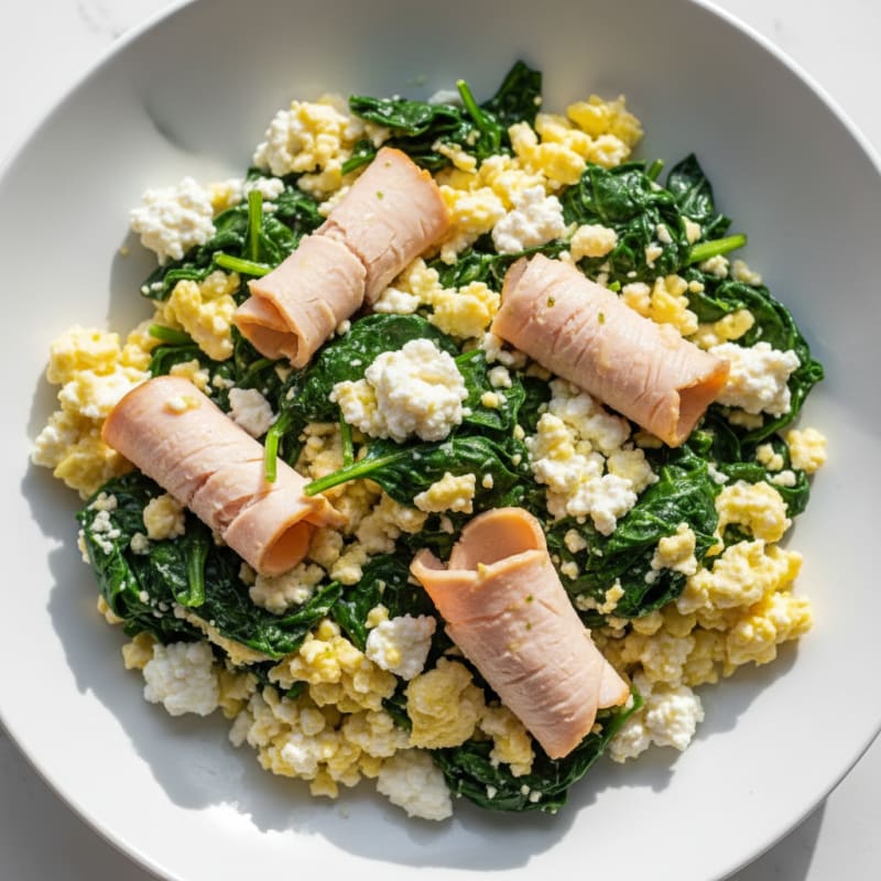 Egg White Spinach Scramble with Cottage Cheese and Sliced Turkey