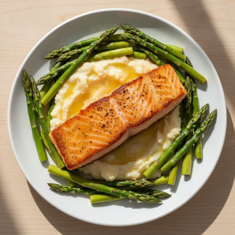 Seared Salmon with Steamed Asparagus and Cauliflower Mash