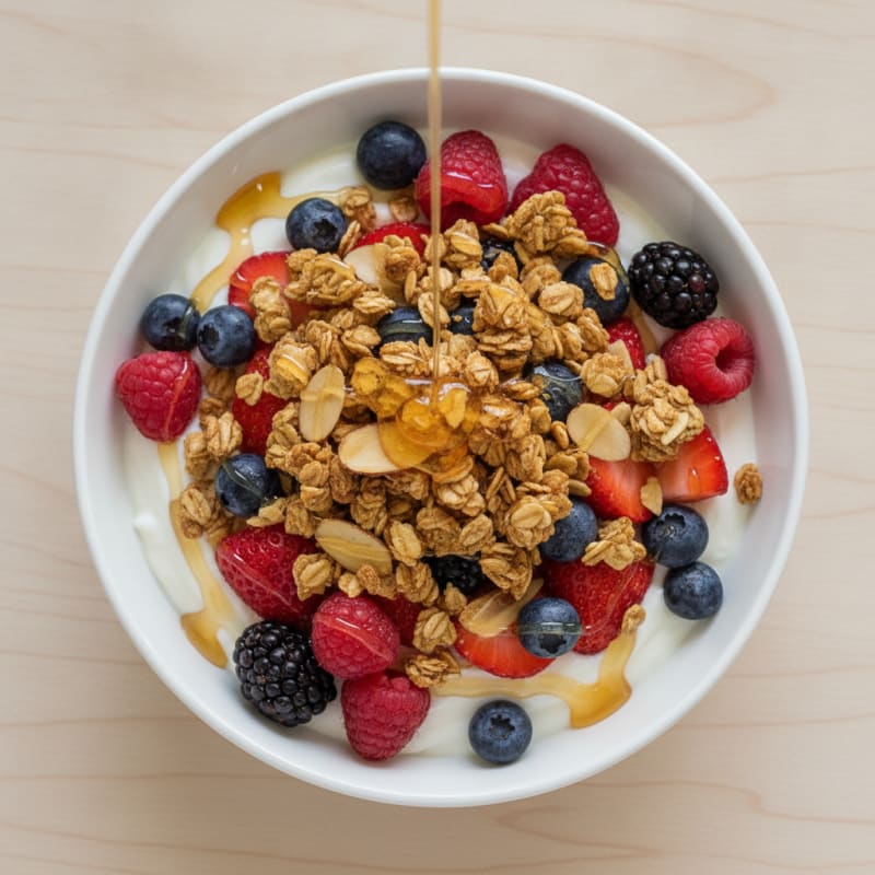 Greek Yogurt with Mixed Berries and Crunchy Almond Granola