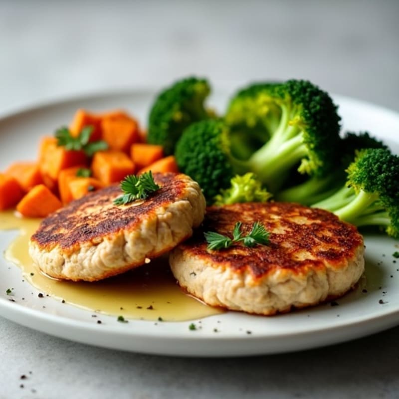 Seared Turkey Patties with Roasted Sweet Potato and Broccoli