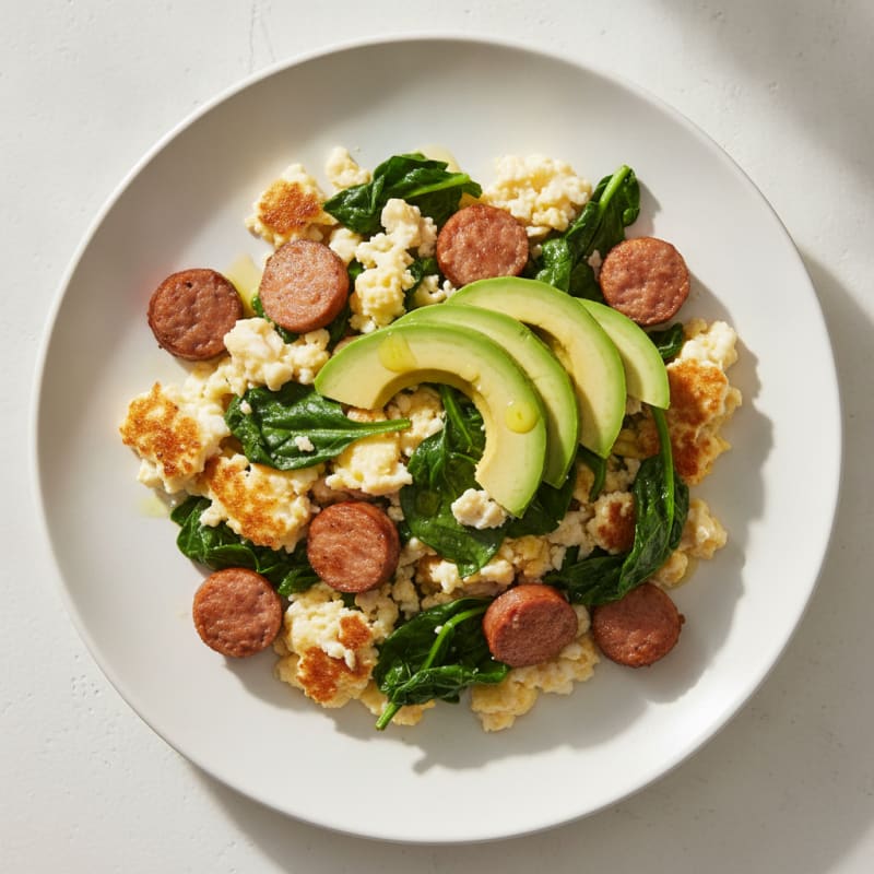 Egg White and Turkey Sausage Scramble with Sautéed Spinach