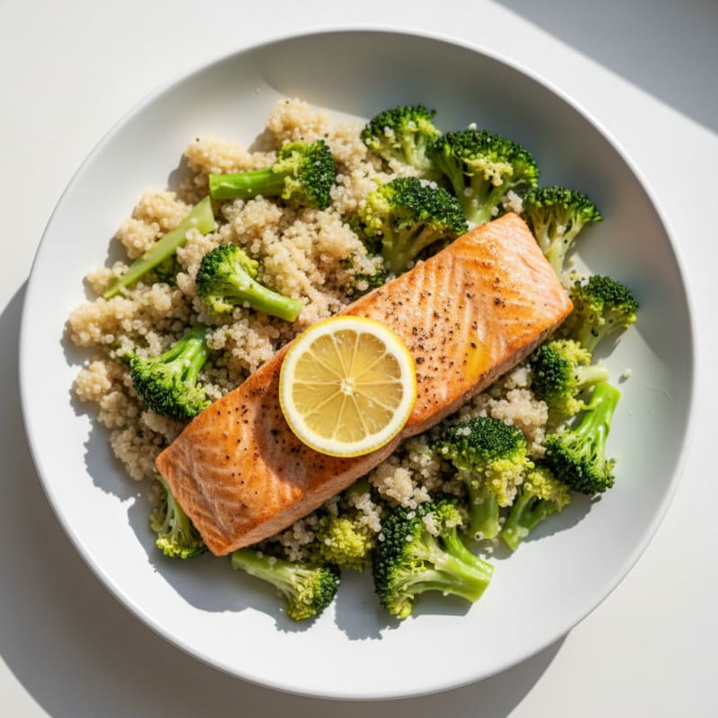 Seared Salmon with Steamed Broccoli and Quinoa