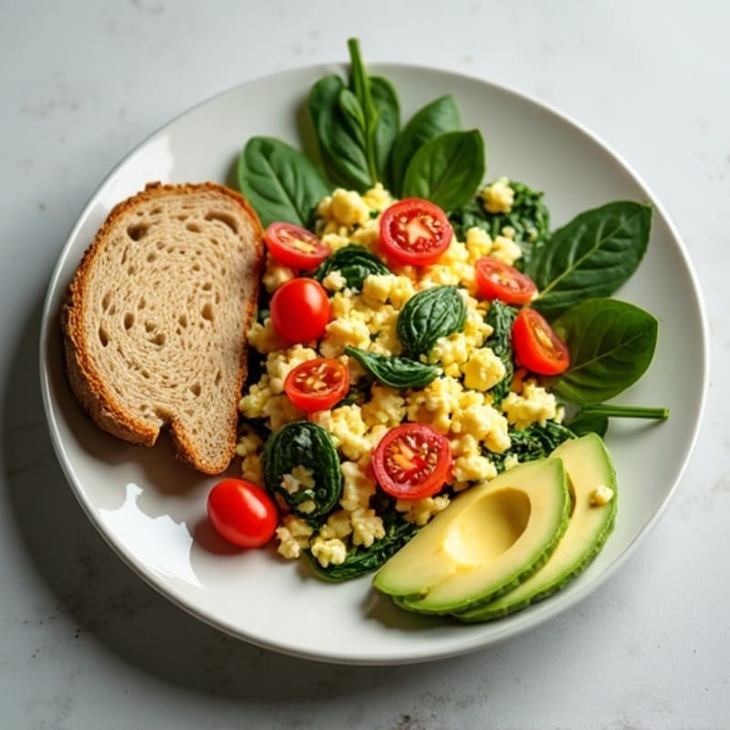 Egg White and Cottage Cheese Scramble with Spinach and Cherry Tomatoes