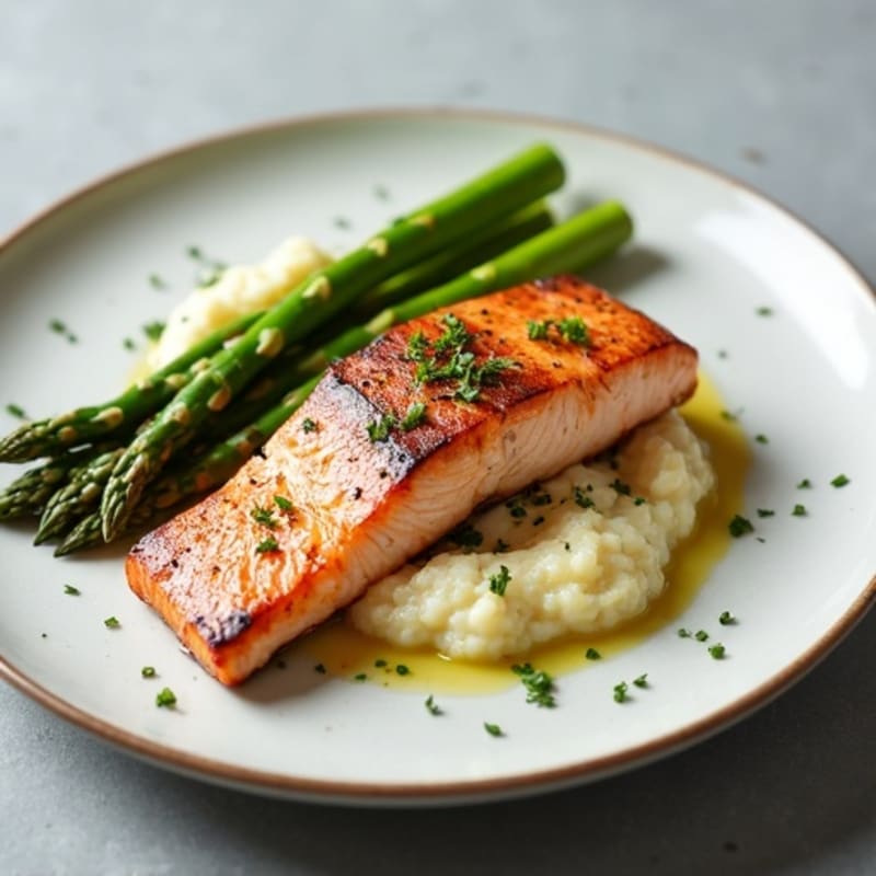 Seared Salmon Fillet with Steamed Asparagus and Cauliflower Mash