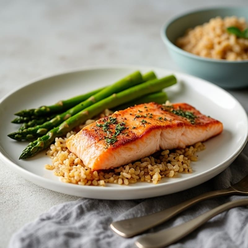 Seared Salmon Fillet with Steamed Asparagus and Brown Rice