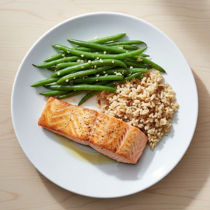 Seared Salmon with Garlic Green Beans and Brown Rice