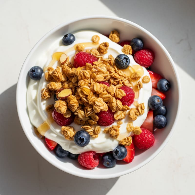 Greek Yogurt Parfait with Crunchy Almond Granola and Fresh Berries
