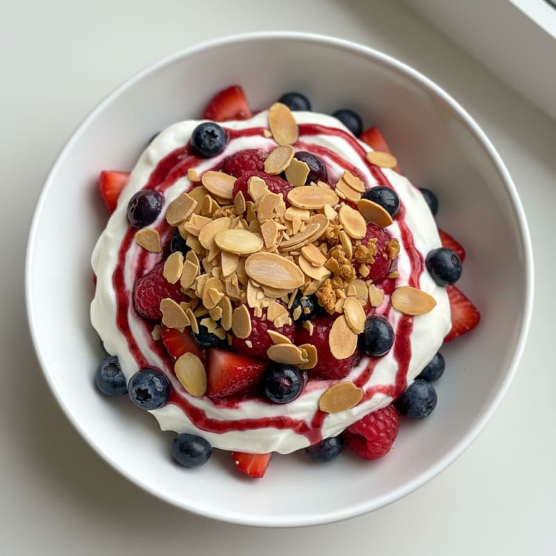 Greek Yogurt Protein Parfait with Mixed Berries and Almonds