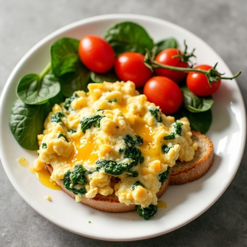Egg White and Cottage Cheese Scramble with Spinach, Cherry Tomatoes, and Toast
