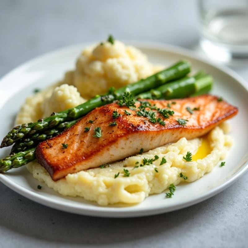 Seared Salmon with Steamed Asparagus and Cauliflower Mash
