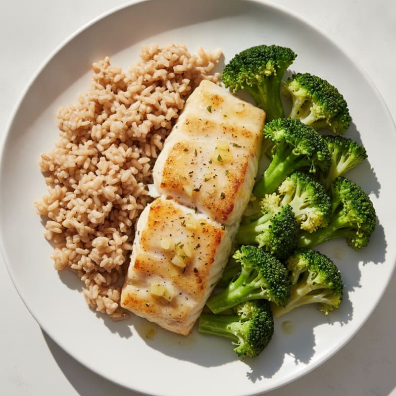 Baked Cod with Steamed Broccoli and Brown Rice