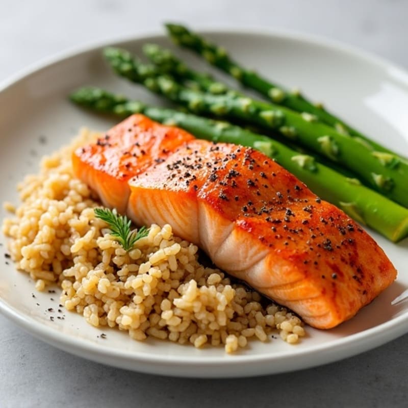 Seared Salmon with Steamed Asparagus and Brown Rice