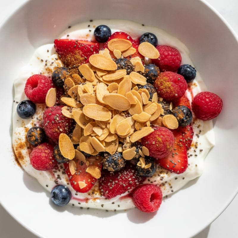 Greek Yogurt Protein Parfait with Mixed Berries and Almonds