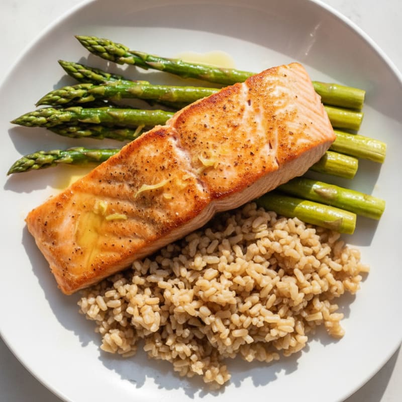 Seared Salmon Fillet with Steamed Asparagus and Brown Rice