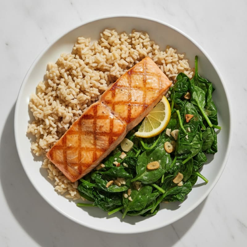 Seared Salmon with Garlic Spinach and Brown Rice