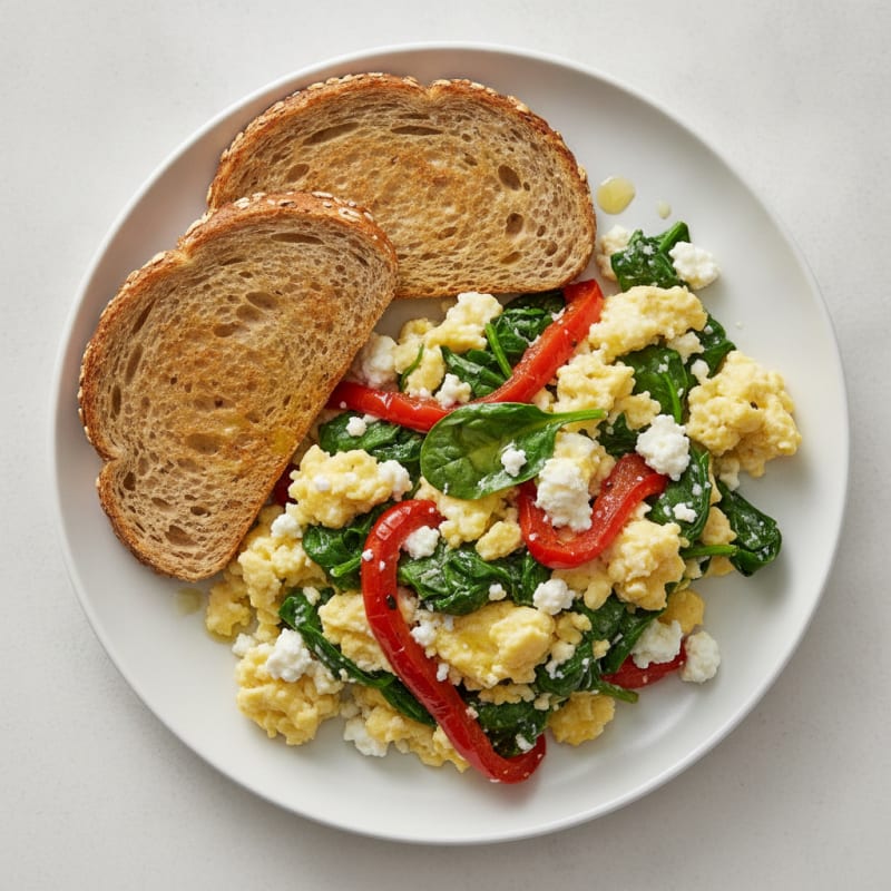 Cottage Cheese Egg Scramble with Spinach and Roasted Red Peppers