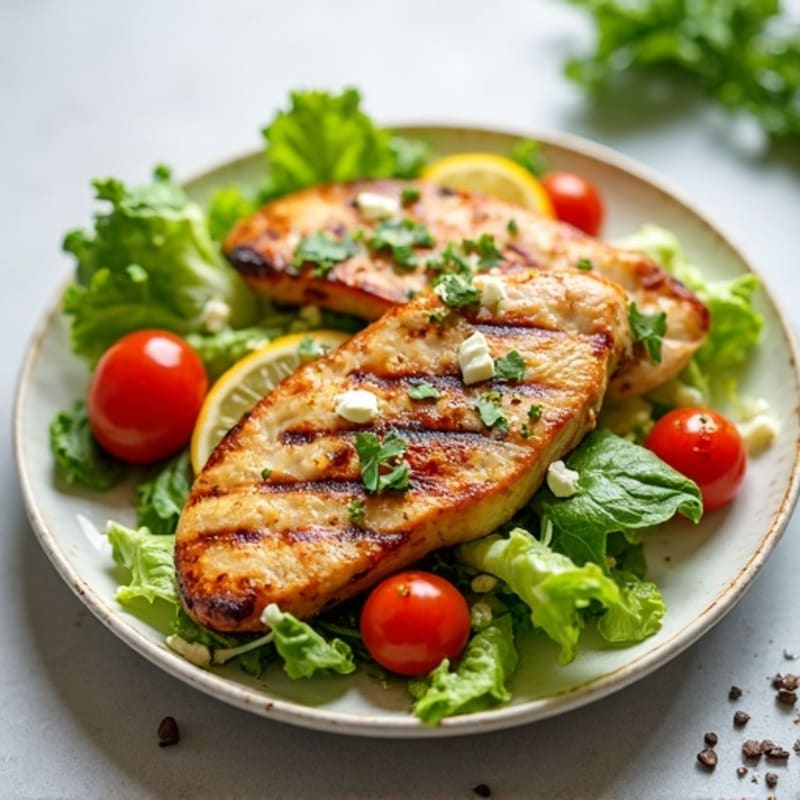 Grilled Chicken Breast with Crisp Romaine and Cherry Tomato Salad