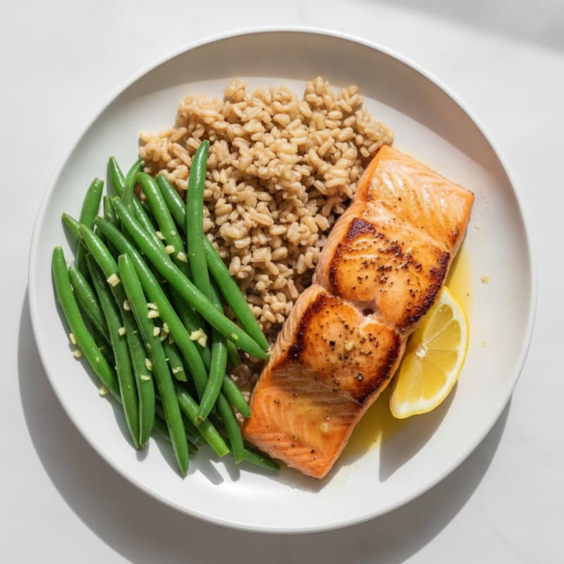Seared Salmon Fillet with Garlic Green Beans and Brown Rice