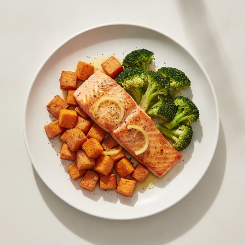 Seared Salmon with Roasted Sweet Potato and Steamed Broccoli
