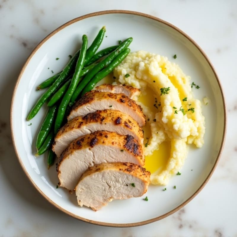 Seared Turkey Breast with Steamed Green Beans and Cauliflower Mash