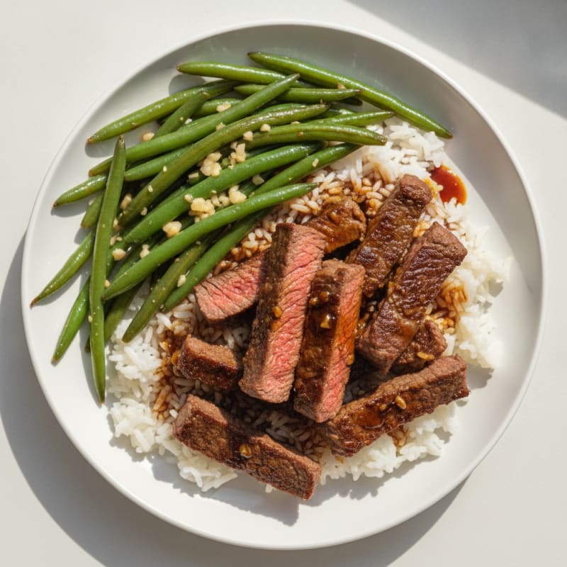 Seared Beef Strips with Garlic Green Beans and Jasmine Rice