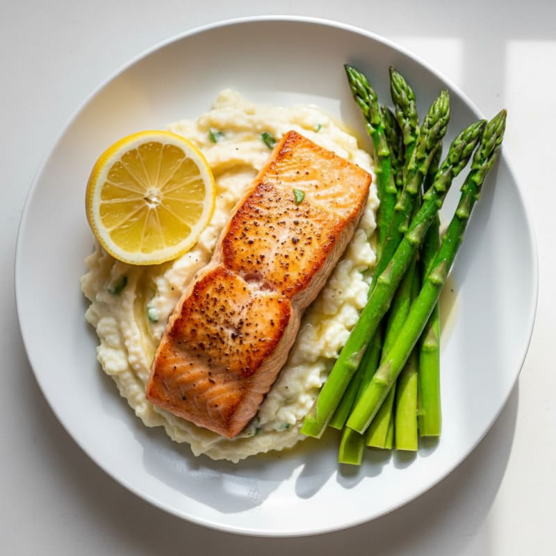 Seared Salmon with Steamed Asparagus and Cauliflower Mash