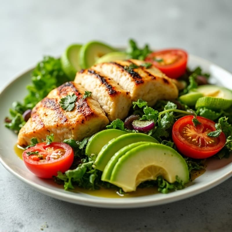 Grilled Lemon-Herb Chicken Salad with Crunchy Greens and Creamy Avocado