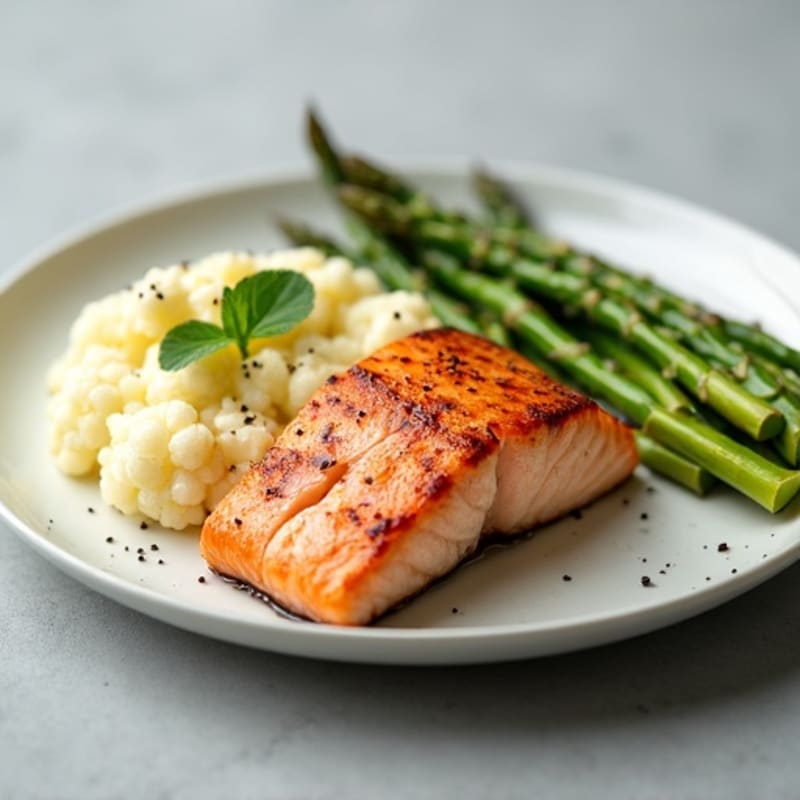 Seared Salmon Filet with Steamed Asparagus and Cauliflower Mash