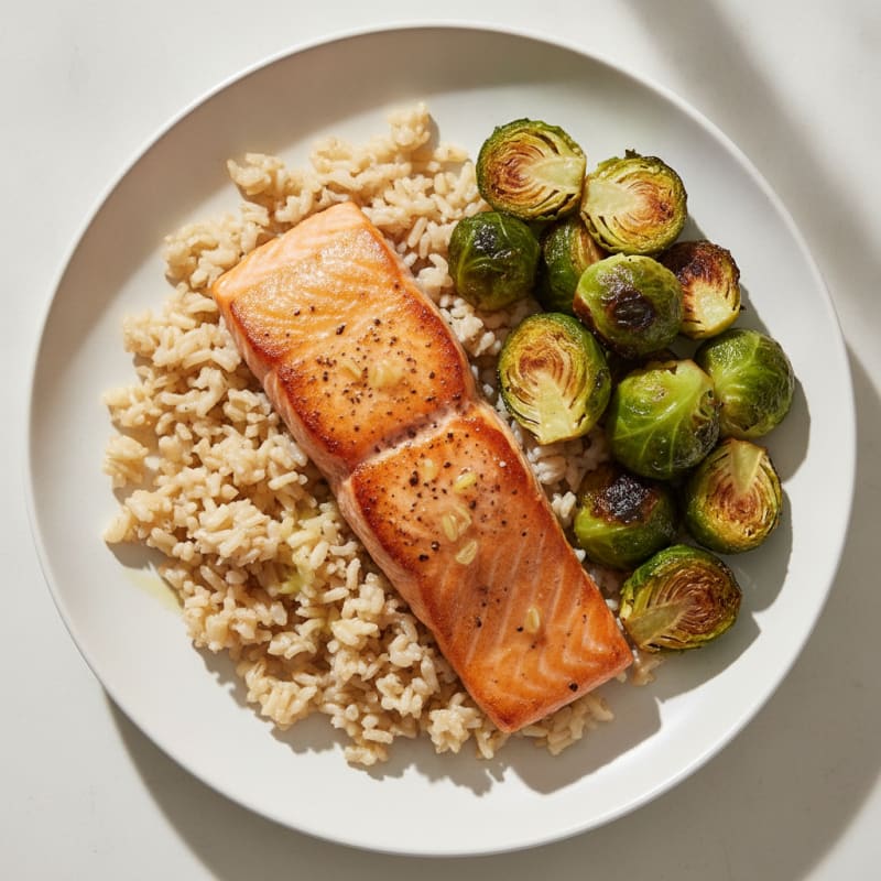 Seared Salmon Fillet with Brown Rice and Roasted Brussels Sprouts