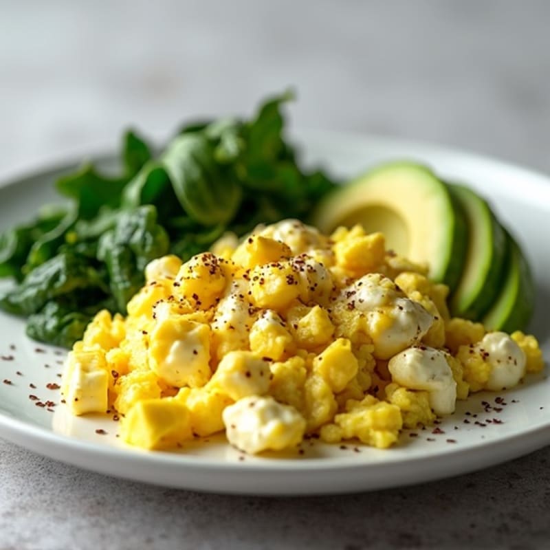Scrambled Eggs with Cottage Cheese, Sautéed Spinach & Avocado