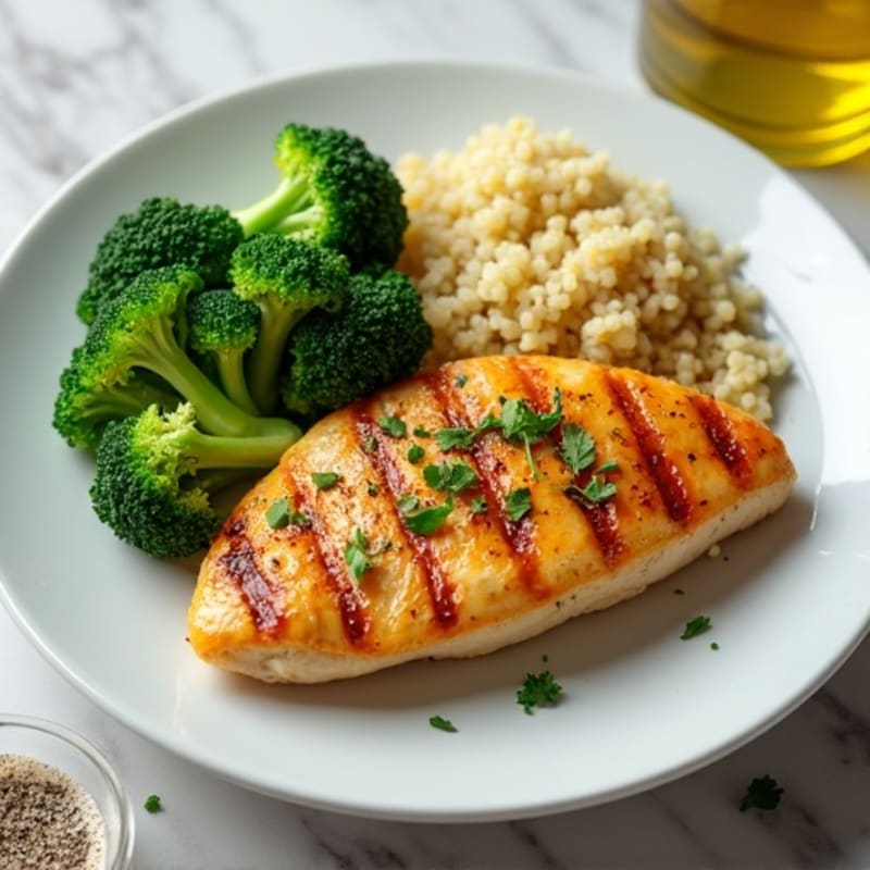 Grilled Lemon Garlic Chicken Breast with Steamed Broccoli and Quinoa